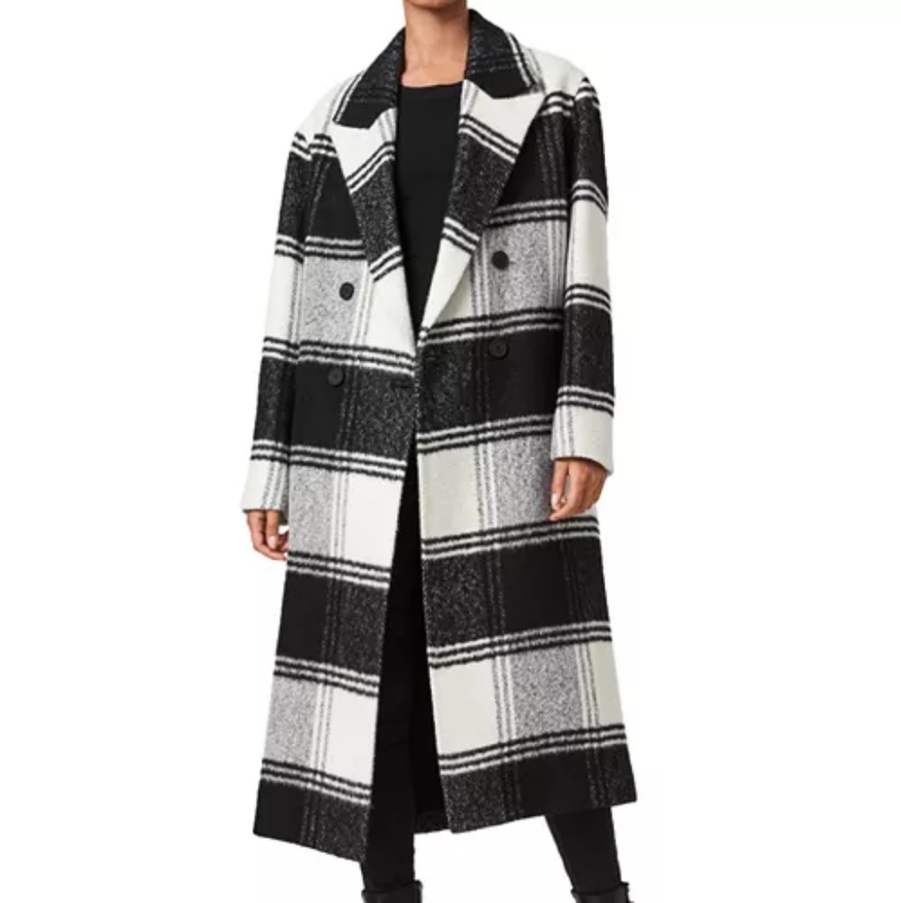 AllSaints Black & White Plaid Double-Breasted Pea Coat